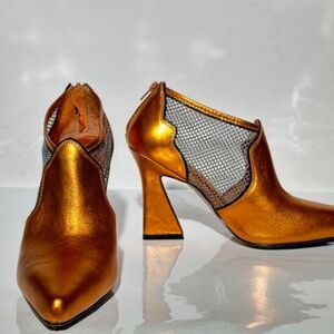 Metallic Orange Leather Booties with Mesh Linning